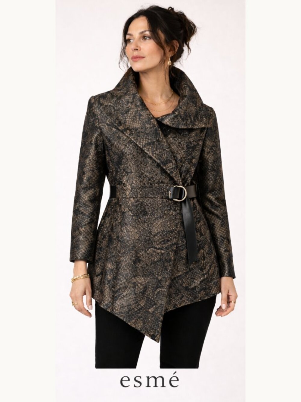 esmé Asymmetrical Wrap Jacket Belted Jacquard Sculptural Black Bronze Large NWOT